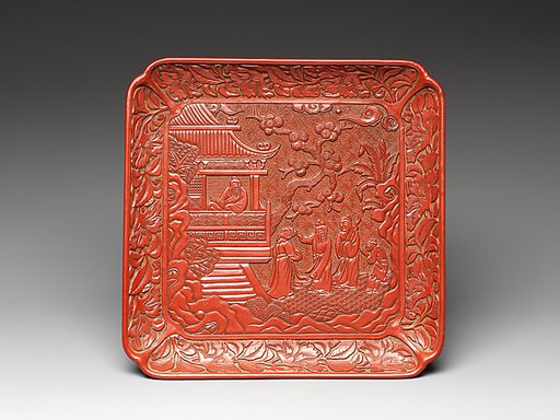 Square dish with figures in a garden
