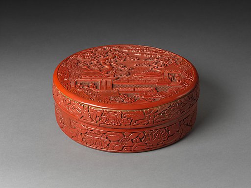 Covered box with figures in a garden