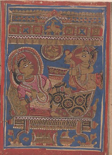 Harinaigamesin Brings the Embryo to Queen Trisala: Folio from a Kalpasutra Manuscript