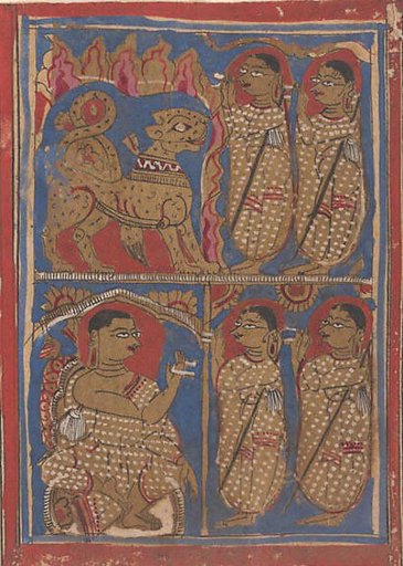 Sthulabhadra as a Lion in a Cave With His Sisters (top) / Sthulabhadra's Sisters Before Bhadrabahu (or Sthulabhadra) (bottom); Page from a Dispersed Kalpa Sutra (Jain Book of Rituals)