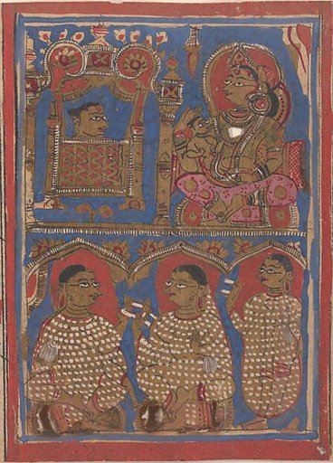 Vajra in His Cradle (top left) / Vajra Being Nursed by His Mother (top right) / The Nuns who Cared for Vajra (bottom); Page from a Dispersed Kalpa Sutra (Jain Book of Rituals)