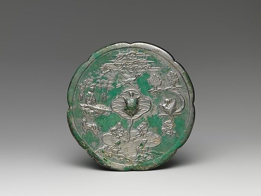Mirror with immortal and phoenix in a landscape
