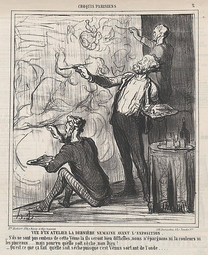 View of a studio the final week before the exhibition, from 'Parisian sketches,' published in Le Charivari, April 1, 1864