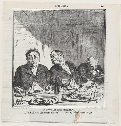 A guest to a horsemeat dinner, from 'News of the day,' published in Le Charivari, March 24, 1865