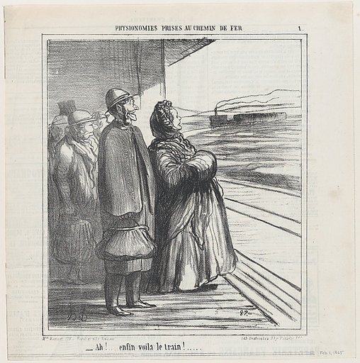 Finally! Here comes the train, from 'People on the train,' published in Le Charivari, February 1, 1865