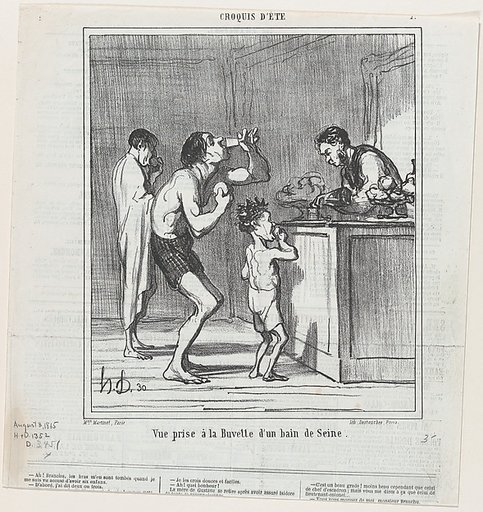 View of a refreshment stand at a bath on the Seine, from 'Summer sketches,' published in Le Charivari, August 3, 1865