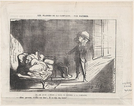 A friend who was invited to relax for a few days in the countryside, from 'The joys of country life,' published in Le Charivari, September 12, 1865