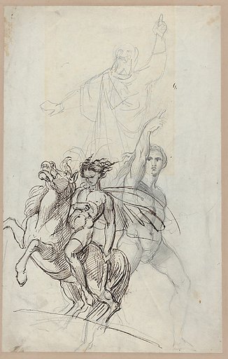 A nude youth on horseback, a male nude with raised arm, and a cloaked bearded man (recto). A sleeping girl and a man in medieval dress (verso)