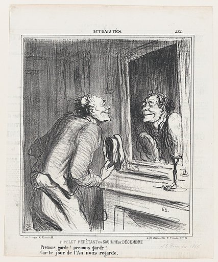 The concierge rehearsing his December smile: Take care! take care! For New Year's Day is approaching!, from 'News of the day,' published in Le Charivari, December 13, 1866