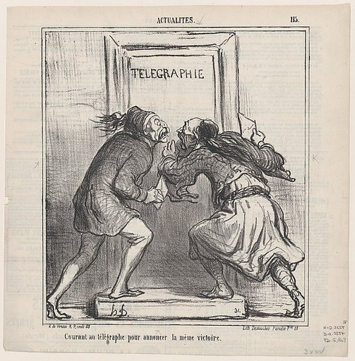 Both running to the telegraph office to announce the same victory, from "News of the Day"