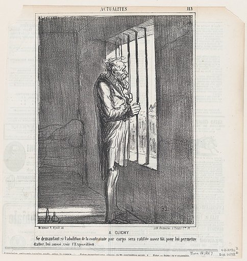 In Clichy: wondering if the repeal of the sentence will be quickly ratified, to allow him to see the exhibition, from 'News of the day,' published in Le Charivari, June 18, 1867