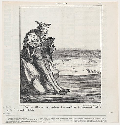 The Charivari. Forced to draw a new map of an area now used for manoeuvres, which used to be the location of the "Temple of Peace," from 'News of the day,' published in Le Charivari, November 26, 1867