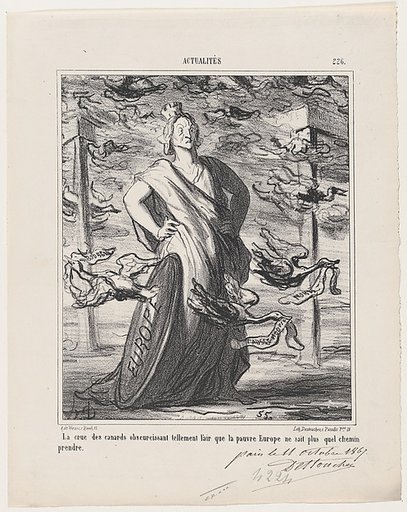 The cloud of ducks obscures the sky so much that poor Europe does not know what road to take, from 'News of the day,' published in Le Charivari, October 22, 1867