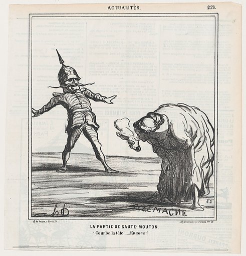 The leapfrog game: Bend your head down! Again!, from 'News of the day,' published in "Le Charivari"