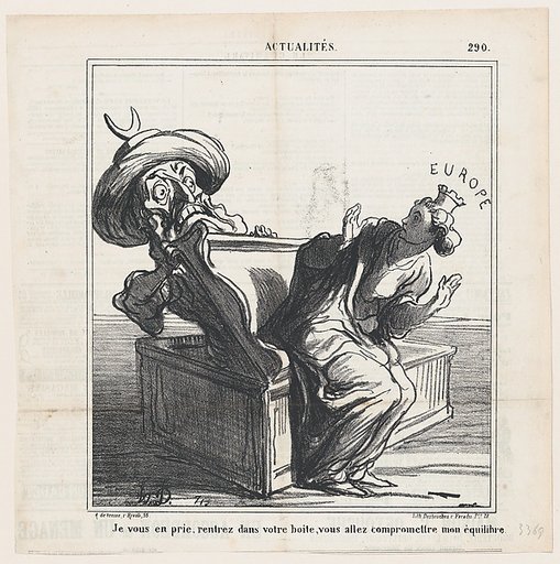 I beg you, get back into your box. You are going to endanger my equilibrium, from 'News of the day,' published in Le Charivari, January 13, 1869
