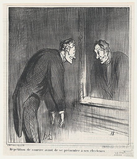 Rehearsing his smile before presenting himself to his constituency, from 'News of the day,' published in Le Charivari, April 20, 1869