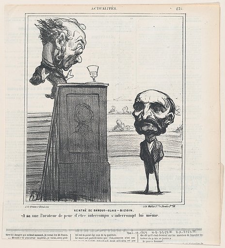 Return of Banquo-Clais-Bizoin: When seeing him, the speaker in fear of being interrupted, interrupts his speech himself, from 'News of the day,' published in Le Charivari, December 14, 1869