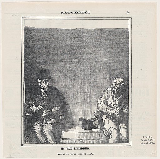 The parliamentary trains: One was for, the other against the government's proposal, from 'News of the day,' published in Le Charivari, January 27, 1872