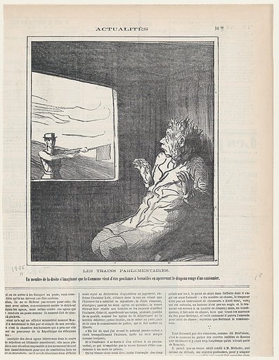 The parliamentary trains: A right wing deputy is shocked by the sight of the red flag of the signal-man, assuming that the Commune has been proclaimed at Versailles, from 'News of the day,' published in Le Charivari, January 22, 1872