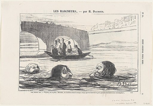 In the middle of the river: Come on, Balochet, give it a push!... You mustn't forget that some forty Parisians are watching us from the bridge up there!, from 'The bathers,' published in Le Petit Journal pour Rire, July 30, 1864