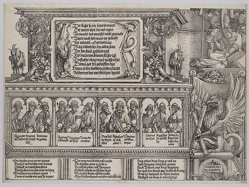 The Upper Section of the Left Portal, with the Inscription on a Lion Skin; a Frieze with Busts of Roman Emperors; and  Entablature of the Columns, from the Arch of Honor, proof, dated 1515, printed 1517-18