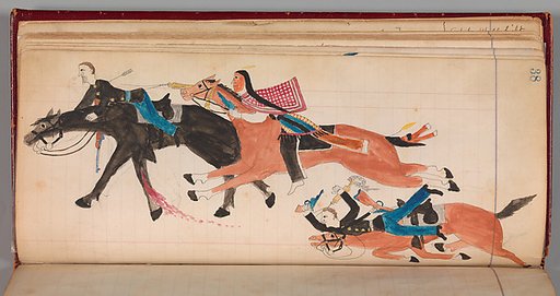 Maffet Ledger: Indian and soldier on horseback, soldier, horse wounded