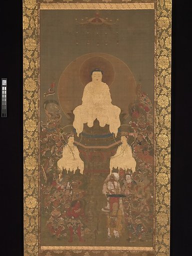 Shaka (Shakyamuni), the Historical Buddha, with Two Attendant Bodhisattvas and Sixteen Benevolent Deities