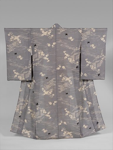 Summer Kimono with Design of Plovers, Waves, Chinese Bellflowers, Pinks, Pines, Carriages, and Fences