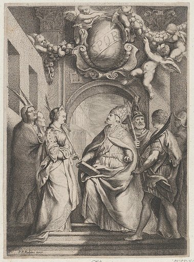 Saint Gregory surrounded by other saints, in front of an archway with putti holding garlands overhead