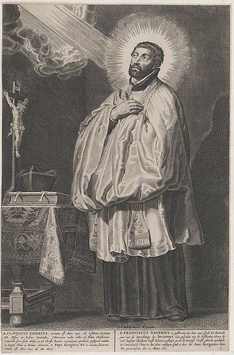 Saint Francis Xavier with a divine light emanating towards him from the upper left, with a crucifix, mitre, and book on a table at left
