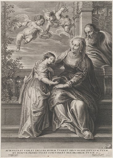 The education of the Virgin, with Saint Anne and the Virgin Mary reading with two putti overhead and Saint Joachim behind them at right