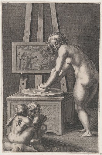 Pictura: allegory of painting, with a nude woman at center grinding pigments, two putti drawing at lower left