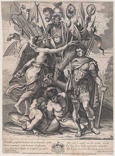 The Trophy of Constantine, with Victory at left crowning the emperor with a laurel, behind them a bounty of arms, armor, prisoners, and Maxentius' head on a stick