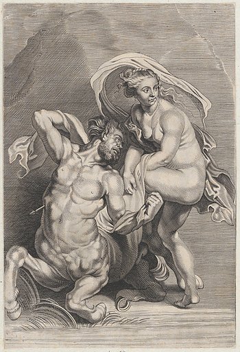 Deianeira receiving the poisoned tunic from Nessus, and the wounded centaur falling to the ground at left
