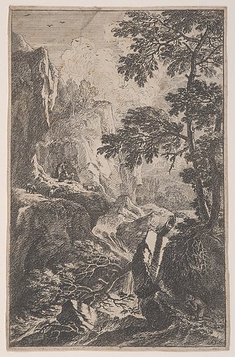 Plate 2: a hunter aiming with his gun, kneeling next to a large rock at right, a male figure with three chamois on a rock at left, from 'Landscapes in the manner of Salvator Rosa' (Die Landschaften in Sal. Rosa's)