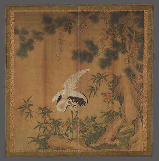 Crane, pine, and rock