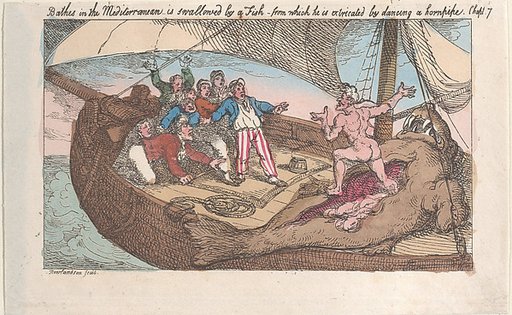 Bathes in the Mediterranean, is swallowed by a fish, from which he is extricated by dancing a hornpipe
