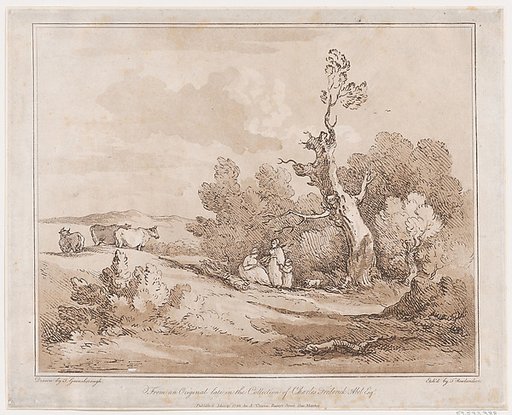 Landscape with Figures Collecting Wood Beneath Gnarled Trees, or, Cattle, River side