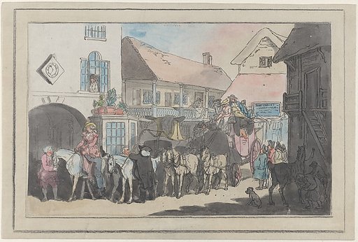 Stage Coach and Riders in the Yard of an Inn, Preparing to Depart