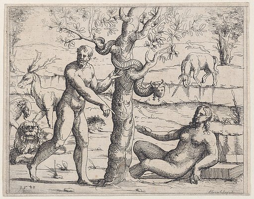 Adam and Eve Eating the Forbidden Fruit, from "Old and New Testaments"