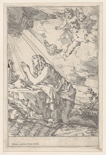The Penitent Saint Mary Magdalene, kneeling before a skull and bones