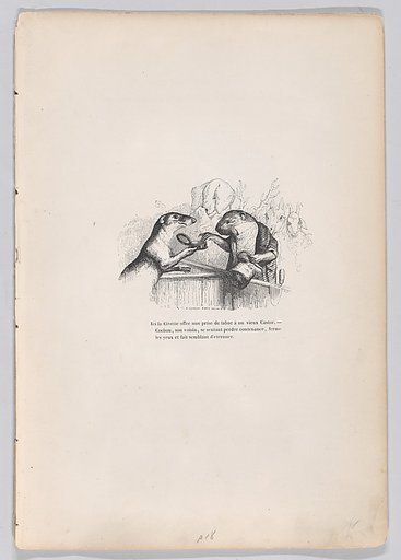 Here, the civet offers a hit of snuff to an old beaver, from "Scenes from the Private and Public Life of Animals"
