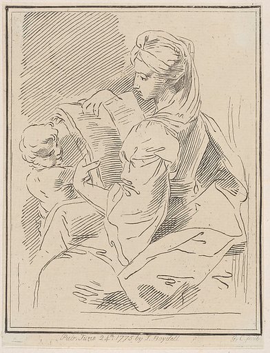 Sybil (?) holding a book with a child at left