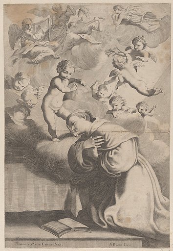A male saint kneeling before the Christ child
