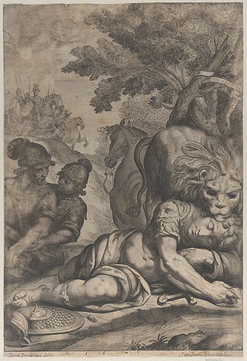 A lion atop a fallen horseman at right, with two other soldiers at left