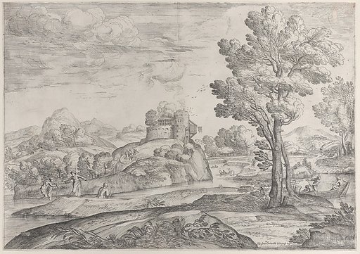 A house atop a round rock at center, people in the river and in canoes throughout
