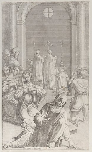 Two nuns emerging from a tomb while Saint Benedict celebrates the Mass