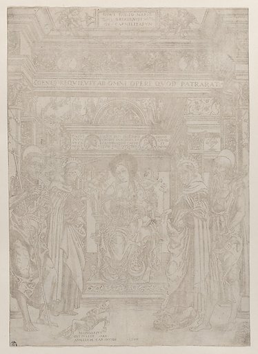 The Virgin and Child enthroned within an elaborate architectural structure, flanked by four saints, at left St John the Baptist and St Angelus, at right St  Albert and St Jerome