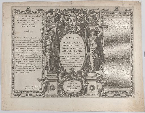 Frontispiece for "Drawings of the war, siege, and assault of the Turkish army on the island of Malta" (Disegni della guerra, assedio et assalti dati dell'armata turchesca all'isola di Malta)