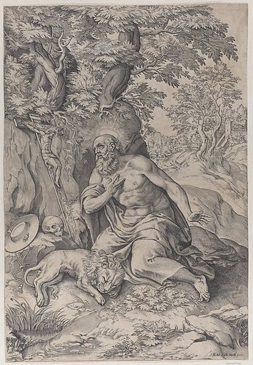 Saint Jerome in the wilderness, with a lion at left